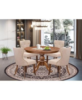 5-Pc Dining Set A Pedestal Dining Table & 4 Light Tan Linen Fabric Padded Chairs