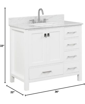 36" Matte White Bathroom Vanity Set with Marble Countertop & Ceramic Sink, Solid Wood Freestanding Vanity for Modern Bathrooms
