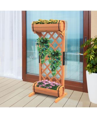 2-Tier Raised Planter Garden Wooden Bed w/ 2 Cylindrical Planter Boxes