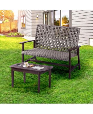 Pine Wood And Wicker Rattan - Chat Set Loveseat And Coffee Table