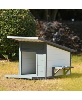 44.1 in. Outdoor Wooden Dog house with Food bowl, 4 swivel wheels in Gray
