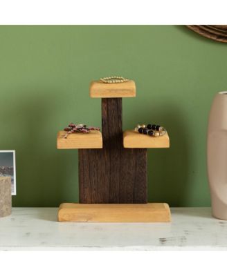 3-Tier Wooden Tabletop Jewelry Display Stand Rustic Organizer for Necklace Bracelet Watch Bangle Ring & Earring with a Sturdy Natural Wood Base Ideal for Home Retail or Craft Fair Display