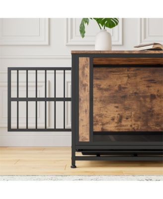 27.48'' Rustic Brown Wooden Dog Crate Table Sliding Doors Thick Iron Frame Indoor