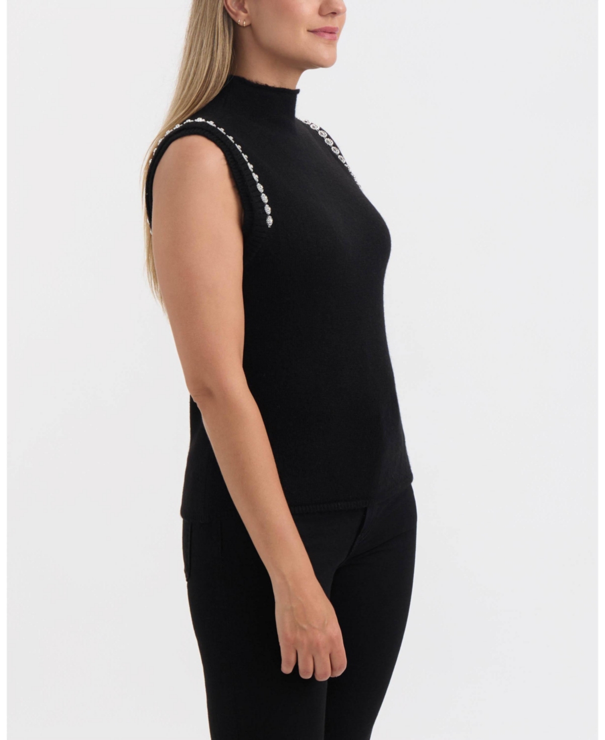Ellen Tracy Women's Sleeveless Sweater Vest With Rhinestone Trim In Black