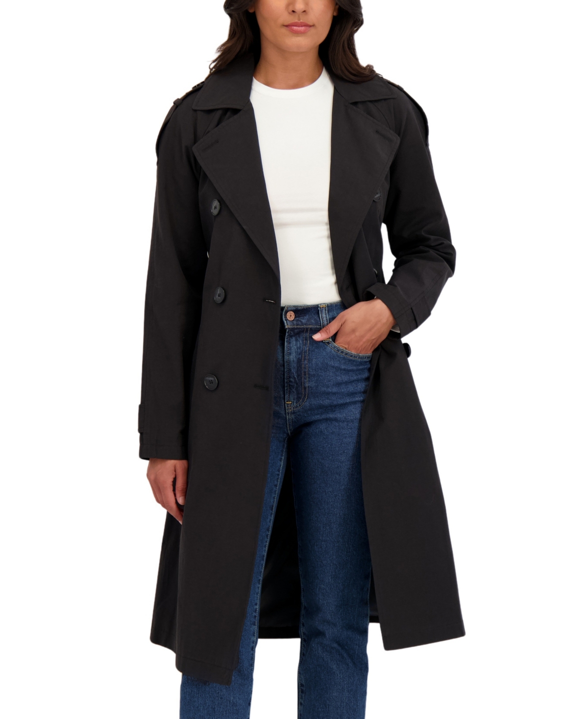 Sebby Collection Women's Belted Double Breasted Long Trench Coat
