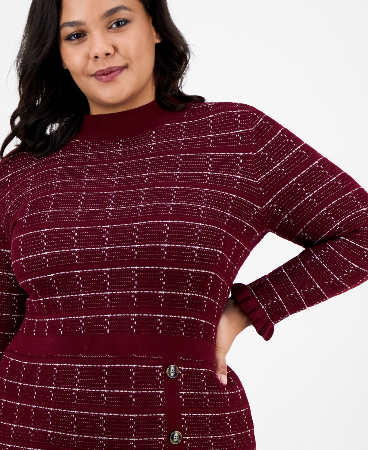 Sandra Darren Plus Size Checkered-knit Sweater Dress In Burgundy