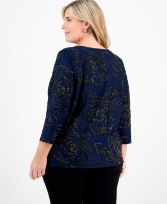 Plus Size Metallic Jacquard 3/4-Sleeve Top