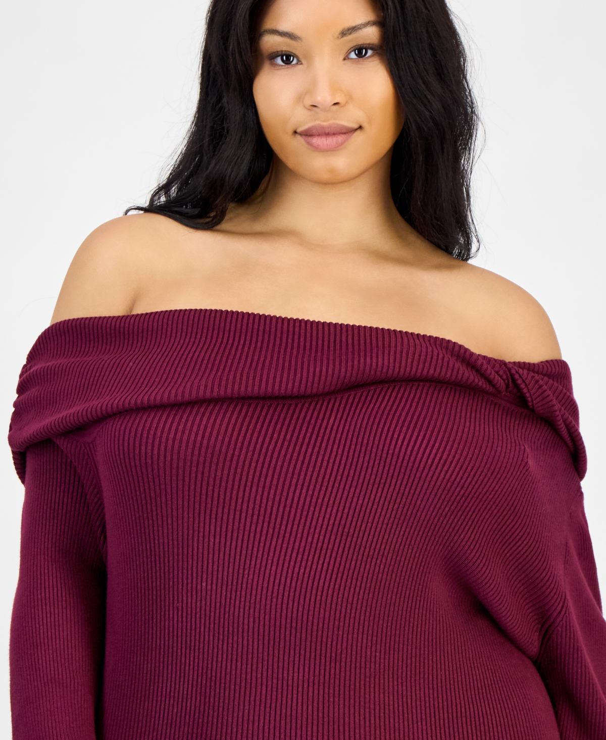 Bar Iii Trendy Plus Size Off-the-shoulder Ribbed Sweater, Macy's Exclusive In Purple