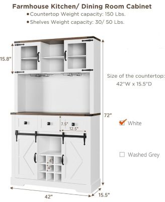 72" Pure White Farmhouse Bar Cabinet with Sliding Barn Door, Kitchen Buffet with Hutch, 3 Drawers, Wine & Glasses Rack