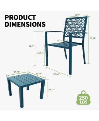 3 PCS Blue Patio Bistro Set, Outdoor Stackable Steel Chairs & Square Coffee Table for Balcony, Porch, Garden, Lawn