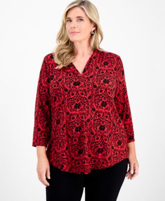 Plus Size Solid V-Neck 3/4-Sleeve Top