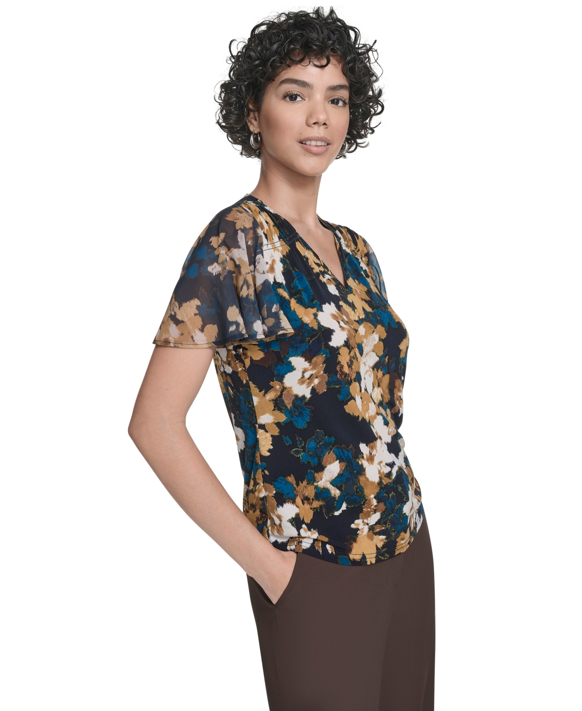Calvin Klein Petite Printed V-neck Flutter Sleeve Top In Multi