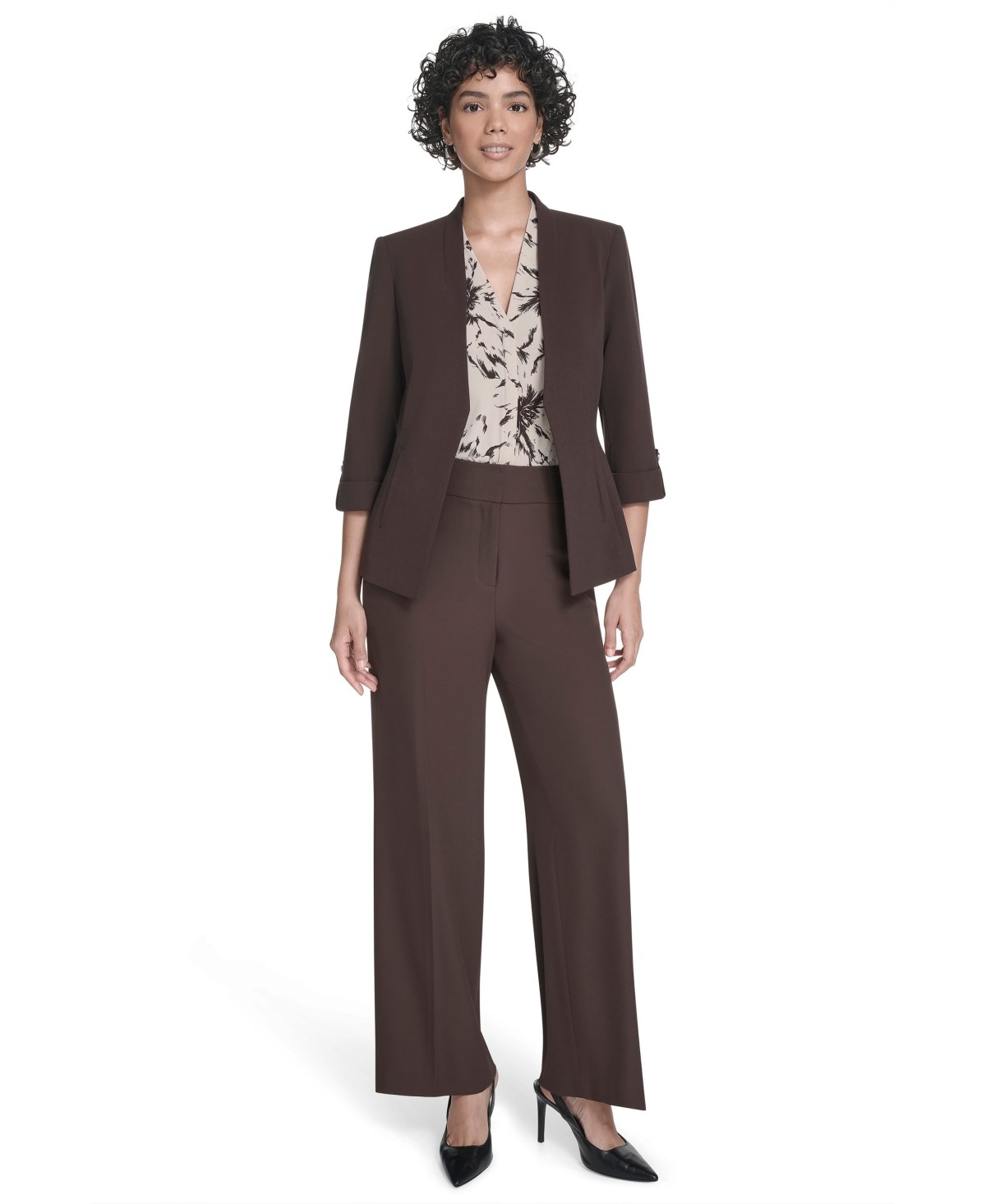 Calvin Klein Petite Open Front Jacket In Brown