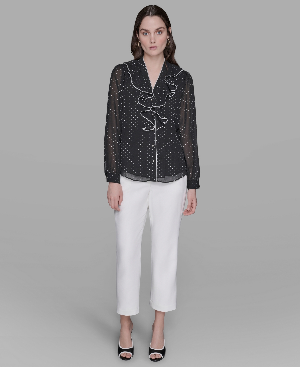 Karl Lagerfeld Women's Clip-dot Ruffled Blouse In Gray