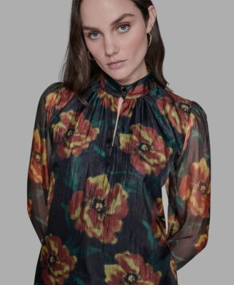 Women's Floral-Print Mock-Neck Blouse Top
