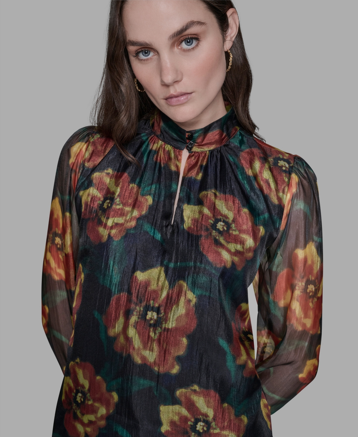 Karl Lagerfeld Women's Floral-print Mock-neck Blouse In Black