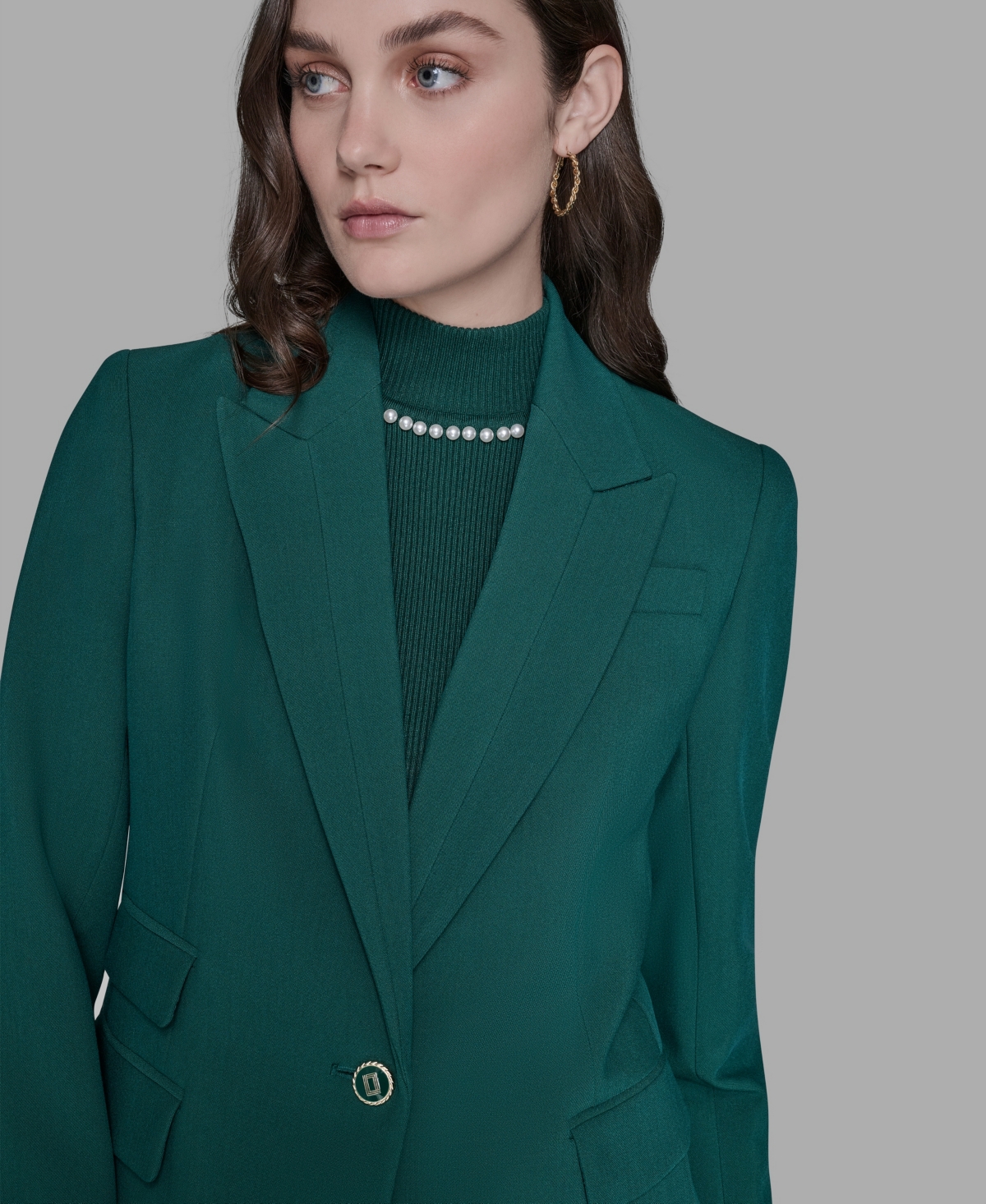 Karl Lagerfeld Womens Straight Leg Pants Bead Embellished Sleeveless Mock Neck Top One Button Blazer In Green