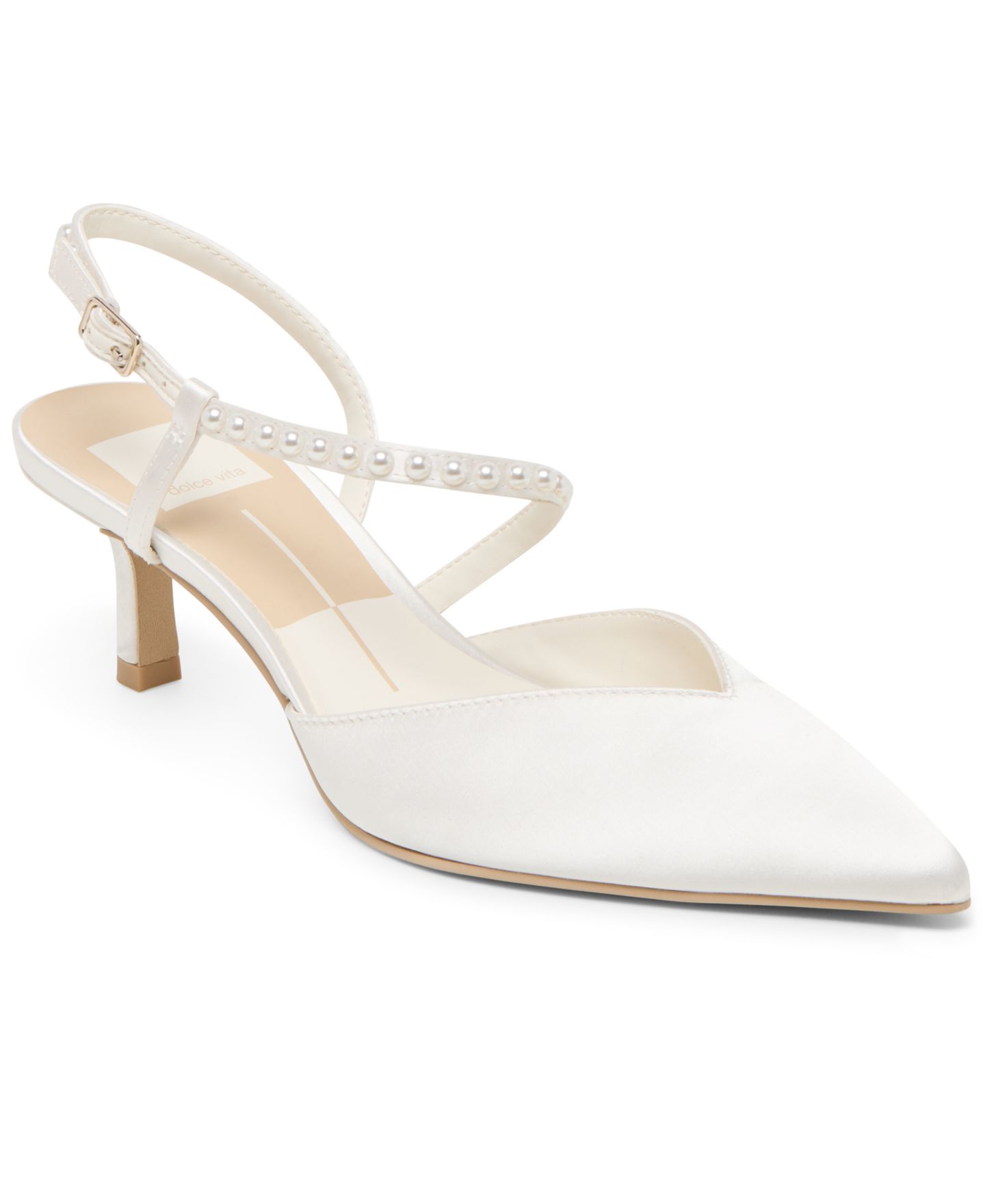 Женские туфли Dolce Vita Kamra Pearl Mid Satin Strappy Kitten Heel Pumps, цвет: Насыщенный белый — фото 1
