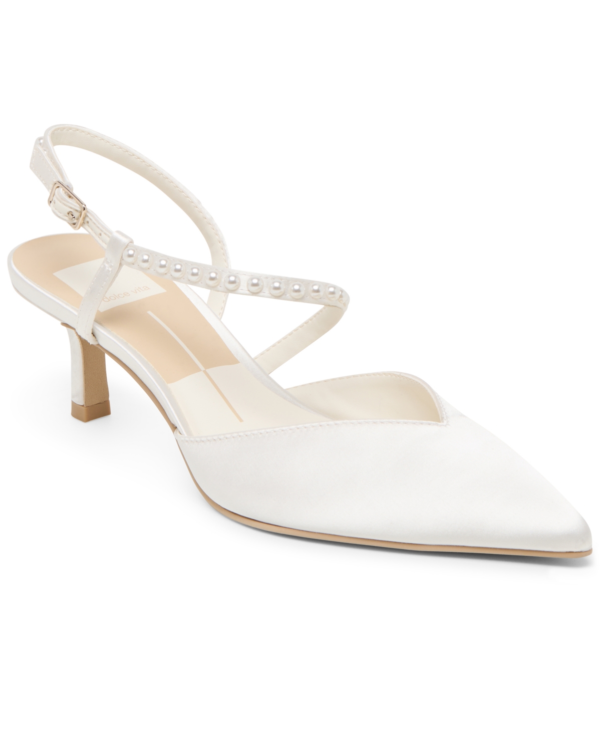 Dolce Vita Women's Kamra Pearl Mid Satin Strappy Kitten Heel Pumps In White