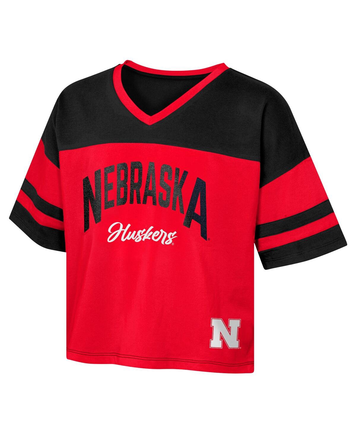 Outerstuff Girls Youth Scarlet Nebraska Huskers The Playmaker Sleeve Stripe V-neck Jersey T-shirt In Red