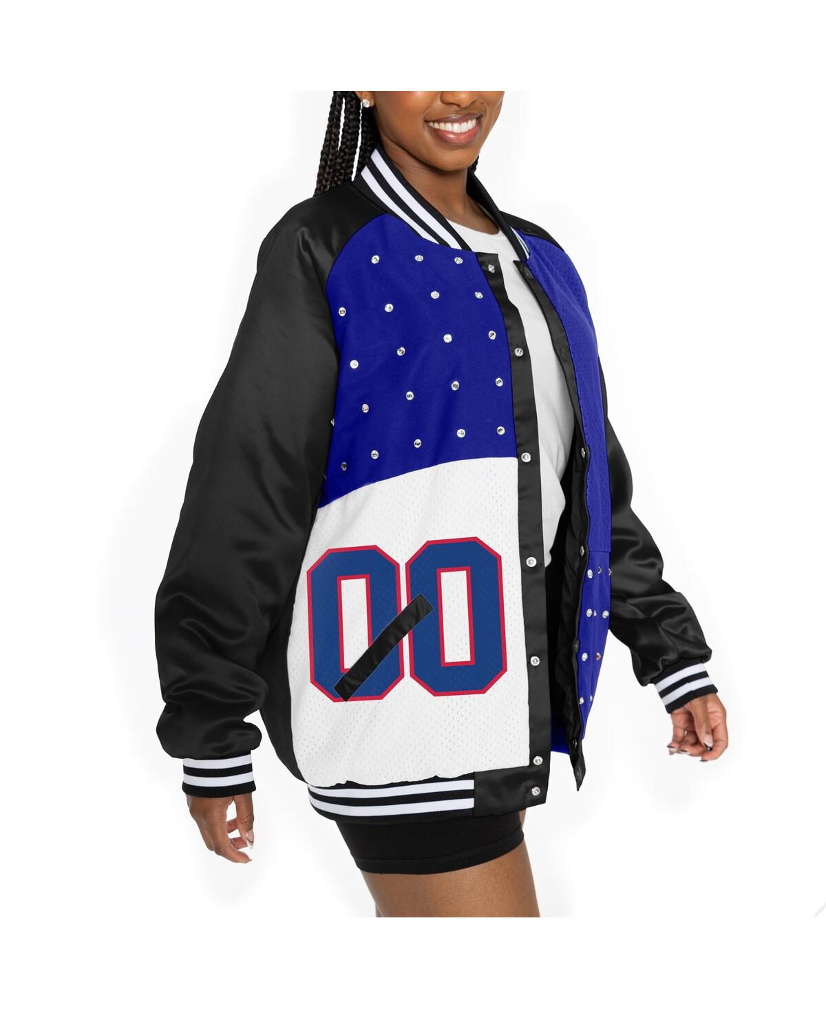 Gameday Couture Women's Black/royal New York Giants Oversized Hot Shot Rhinestone Throwback Full-snap Varsity Bomber In Multi