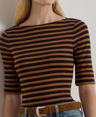 Petite Striped Stretch Cotton Boatneck Tee