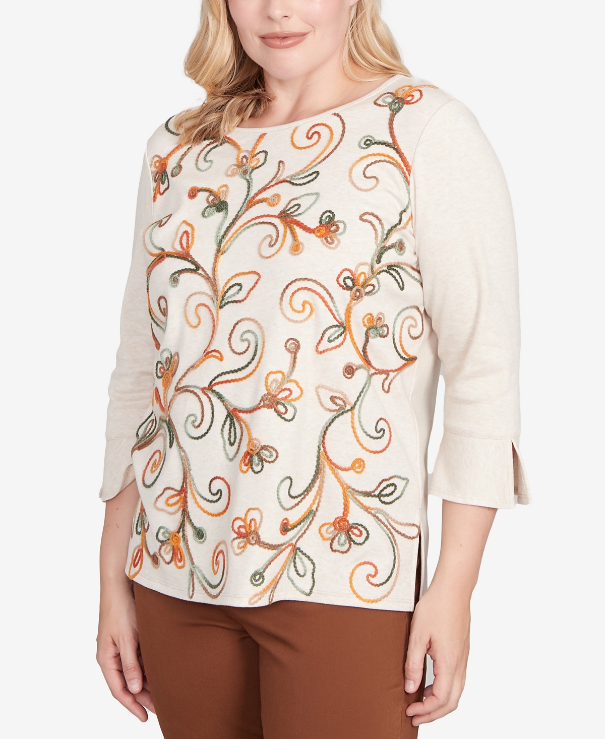 Alfred Dunner Petite Textured Scroll Knit Top In Brown
