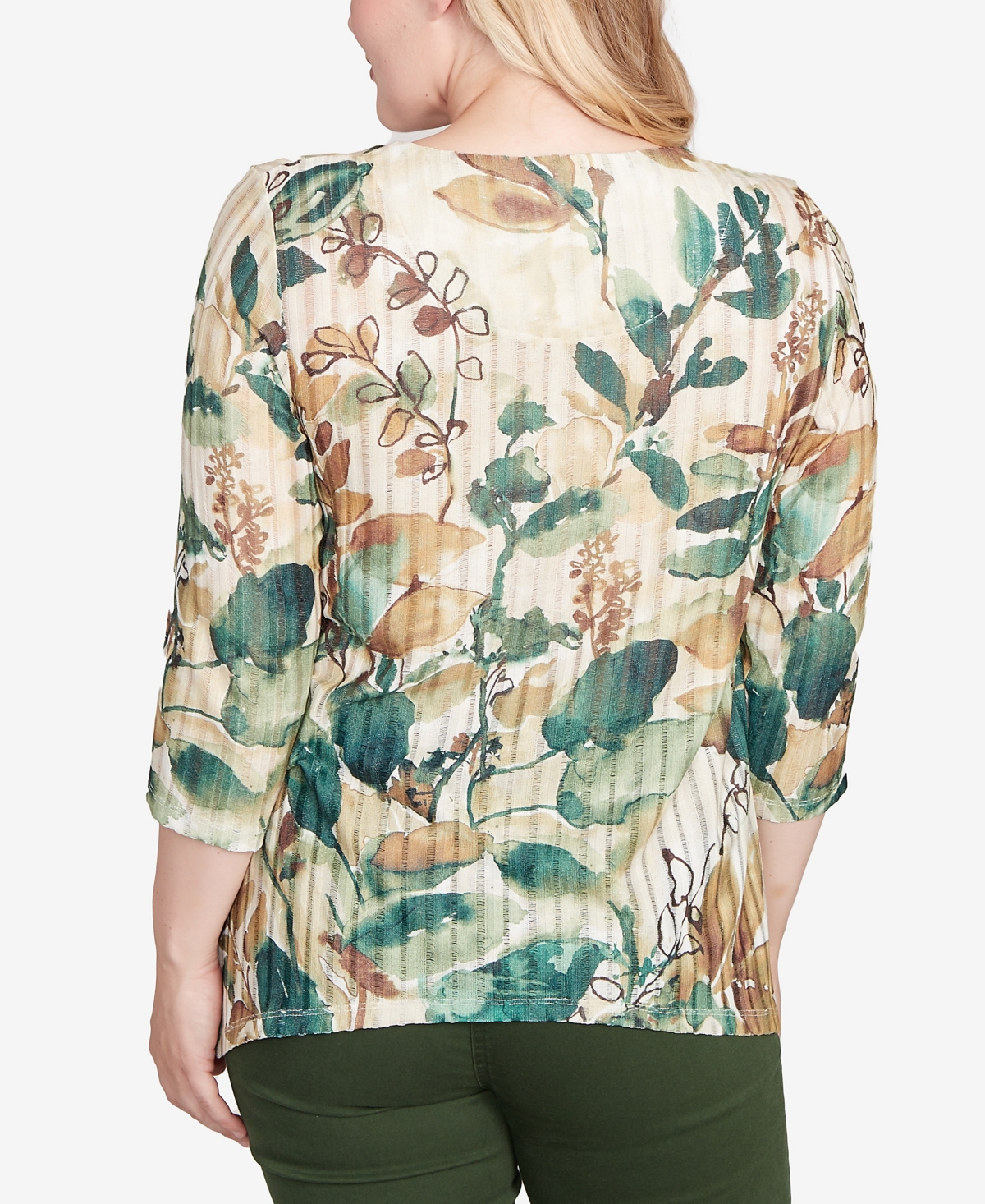 Alfred Dunner Petite Abstract Leaf Hem Top In Green