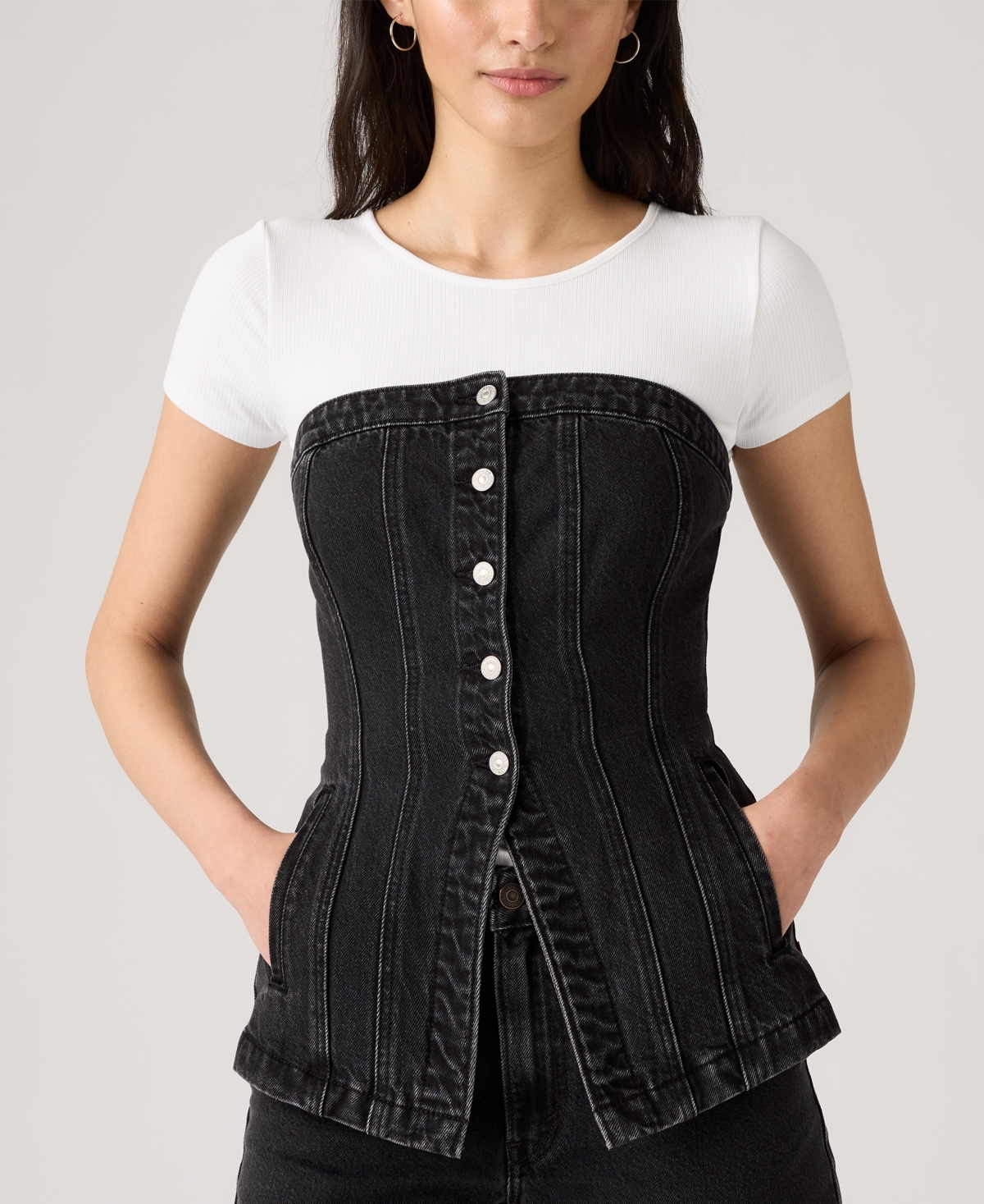 Levi's Tailored Bustier Denim Vest Top Jacket In Open Mind/black, Women's At Urban Outfitters In Black
