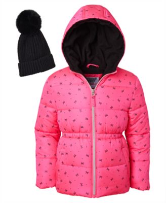 Kensie Girl - Toddler and Little Girls Foil Bow Puffer Jacket with Beanie