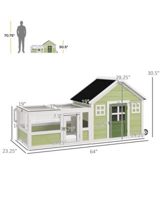 64 Inch Rabbit Hutch with Asphalt Roof, Handle, Wheels, Multicolor