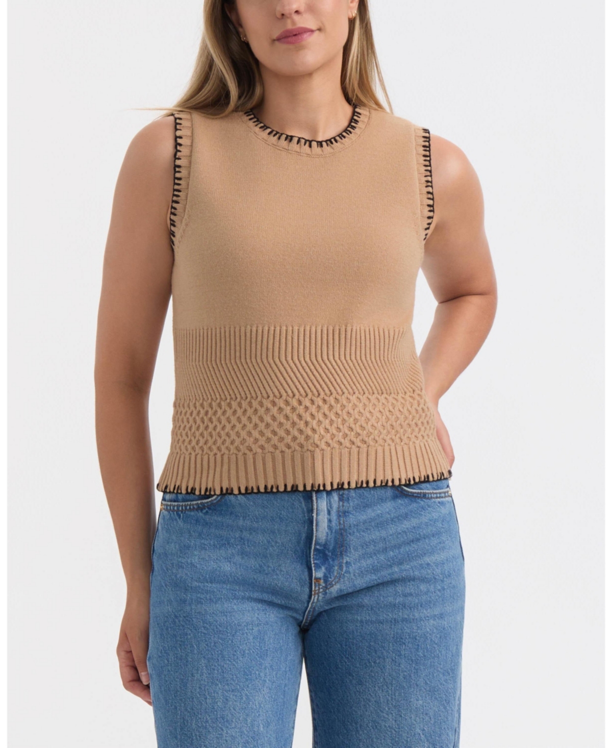 Ellen Tracy Women's Sleeveless Sweater With Contrast Stitching In Brown