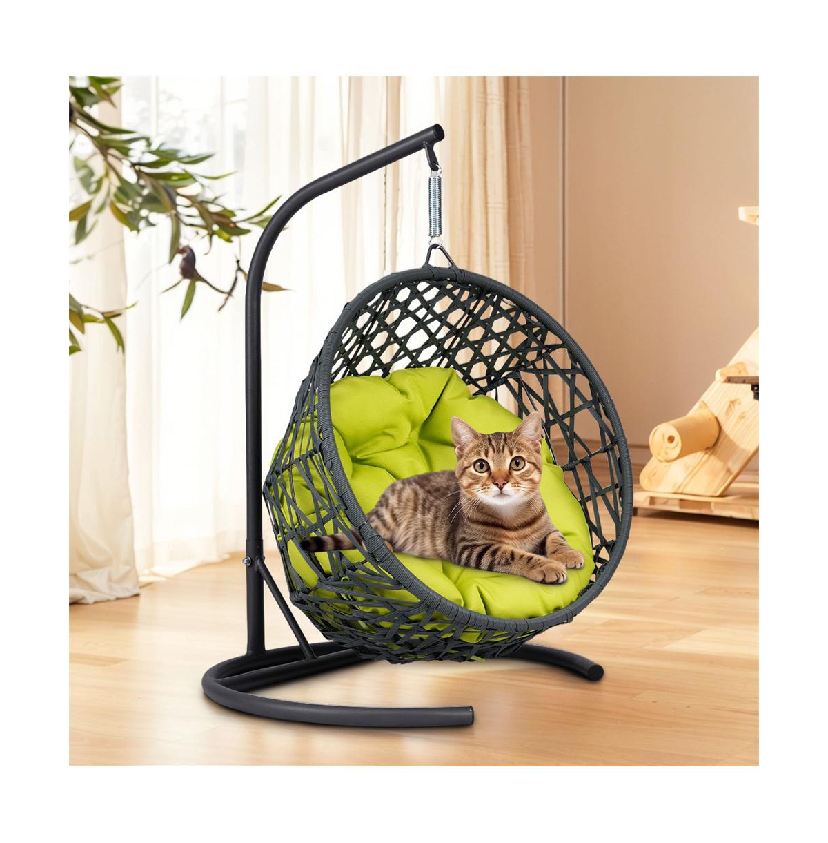 Rattan Wicker Cat Swing Bed with Stand and Green Cushion, Hanging Swinging Cat Bed for Cats and Small Animals