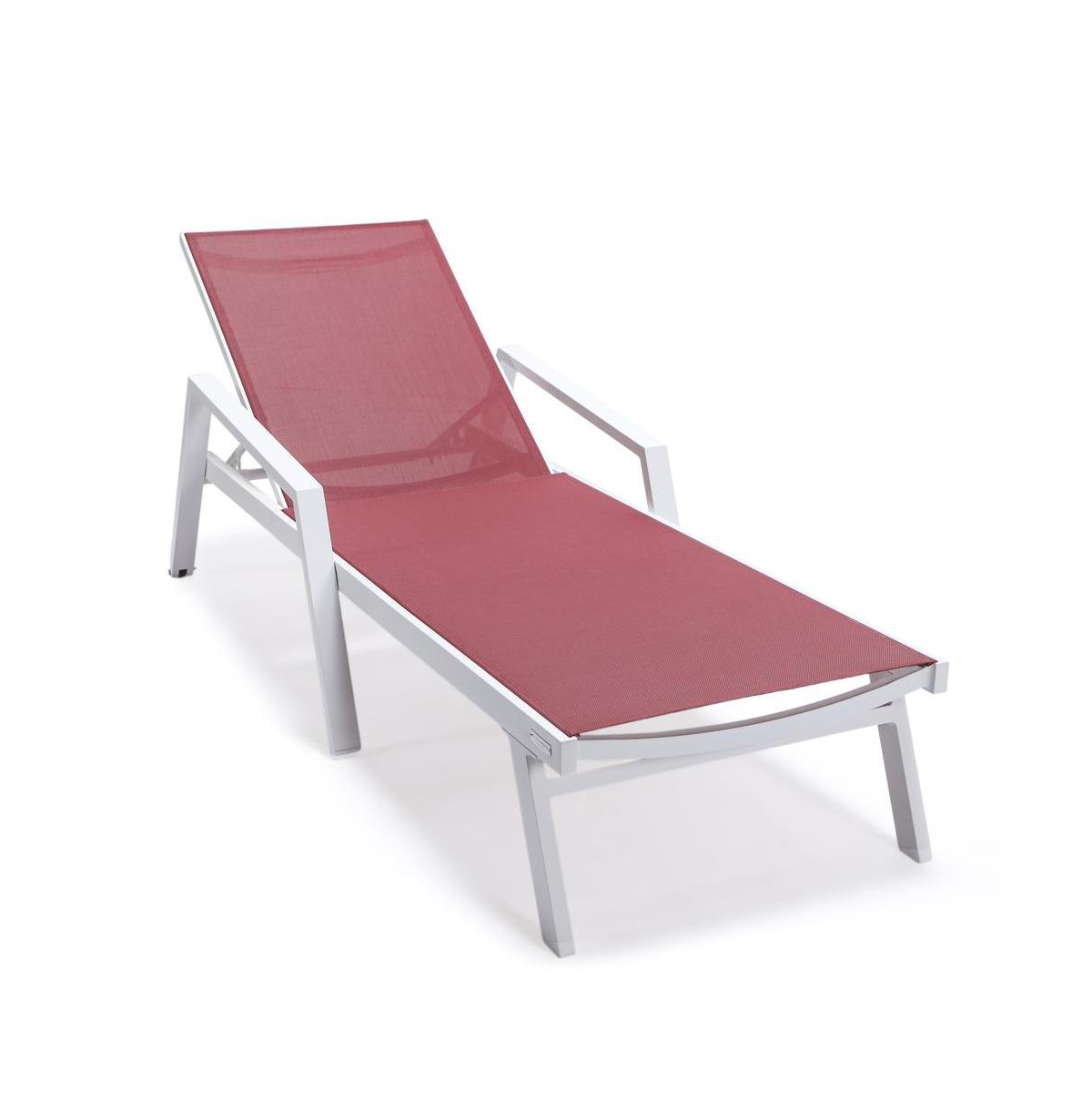 LeisureMod Marlin Patio Chaise Lounge Chair With Armrests in White Aluminum Frame - Burgundy