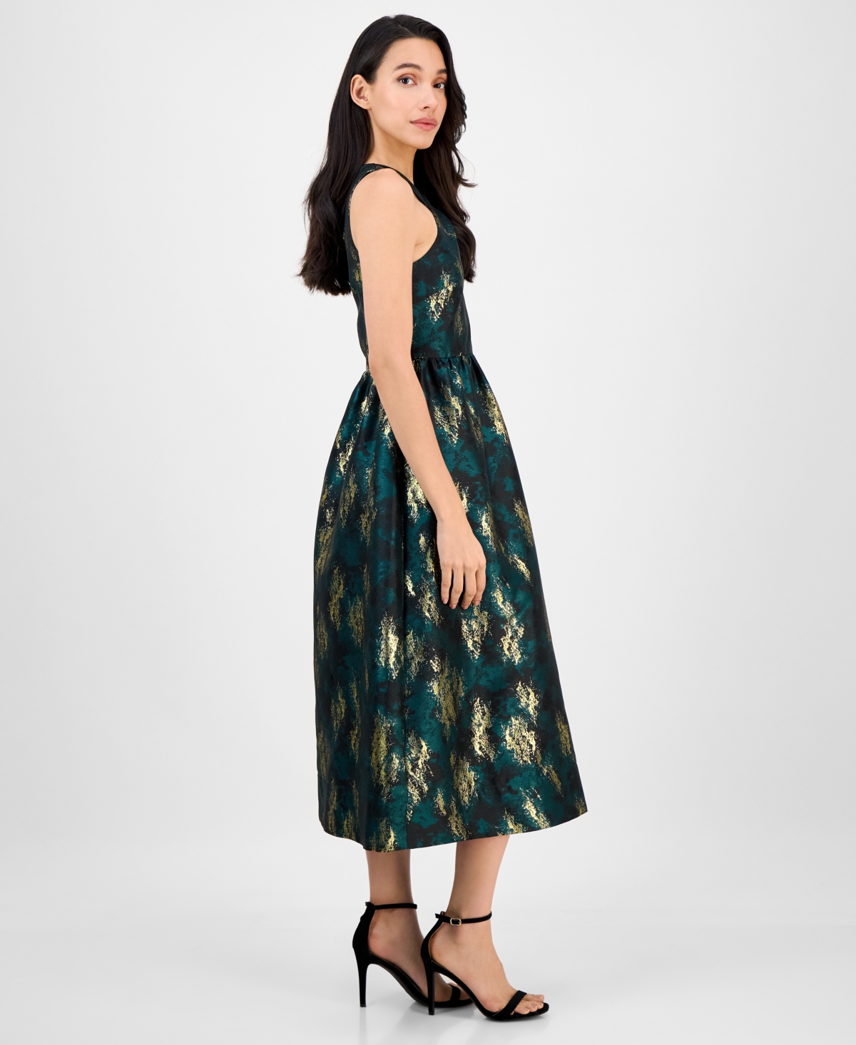 Anne Klein Metallic Crossover Neck Brocade Dress In Green