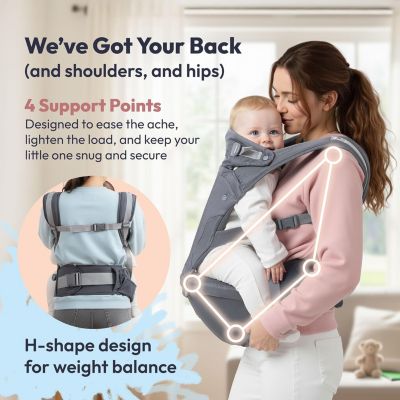Kids 6-in-1 Carrier with Hip Seat and Lumbar Support, Ergonomic & Adjustable for Newborn to with Sunshade, Black