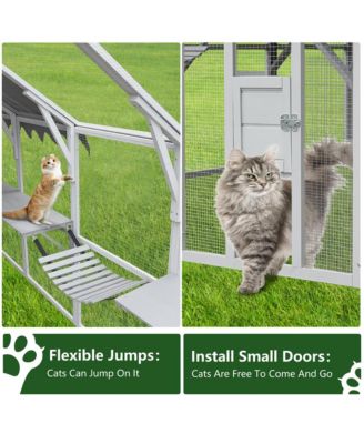 110 in. Outdoor Cat House Cat Enclosures with Platforms Upgrade Waterproof Cover in Gray White