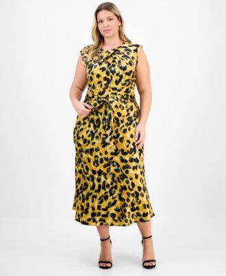 Tahari ASL - Plus Size Pleat-Neck Waist-Tie Midi Dress
