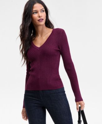 Women's Metallic-Knit V-Neck Sweater, Macy's Exclusive