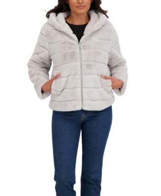 Women's Hooded Grooved Short Faux Fur Jacket