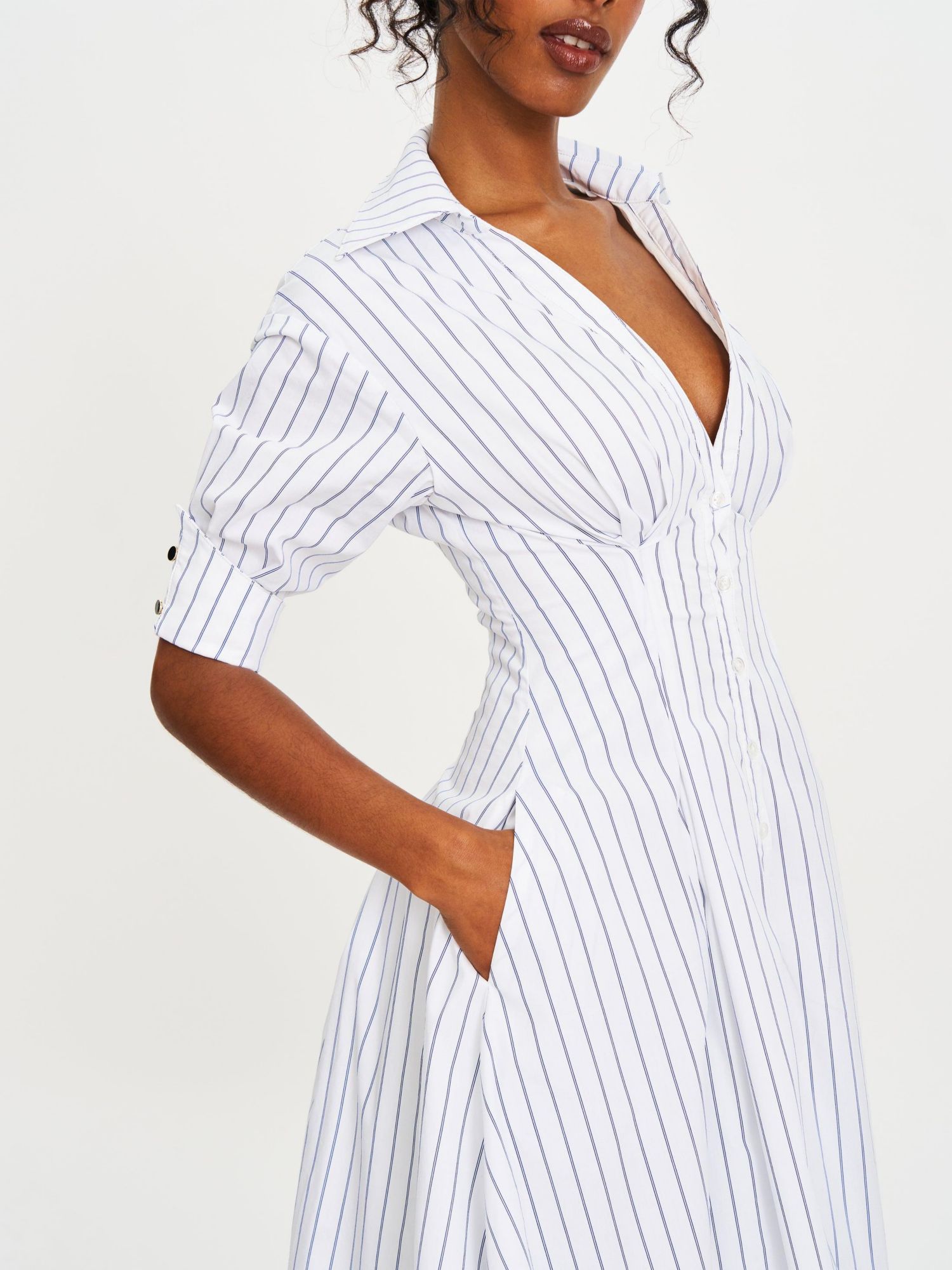 Women's Palina Pinstripes Cotton Poplin Pleated Midi Preppy Shirt Dress