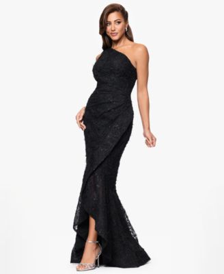 Petite Sequin Embroidery One-Shoulder High-Low Gown
