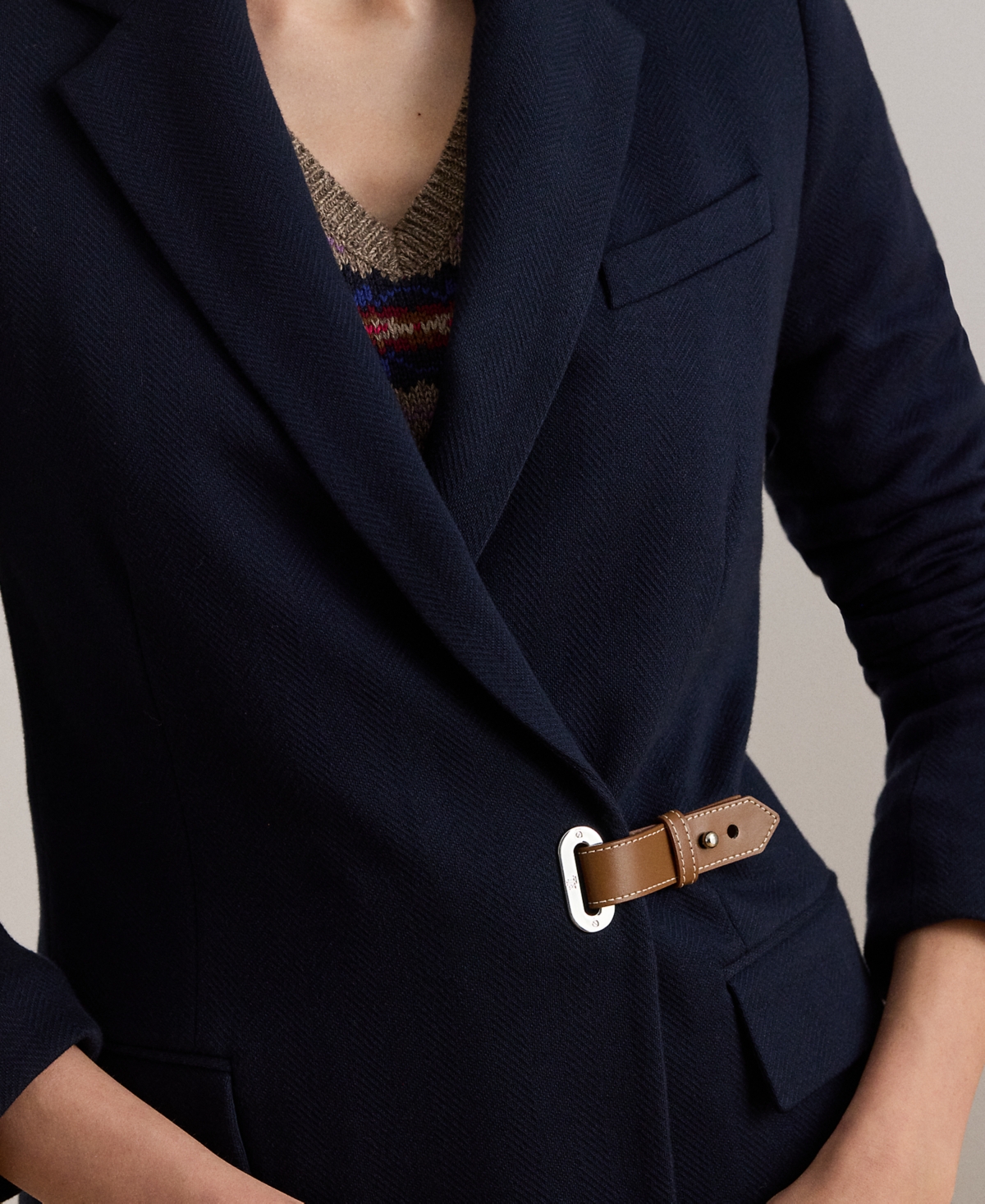 Lauren Ralph Petite Buckle-Trim Herringbone Jacquard Blazer