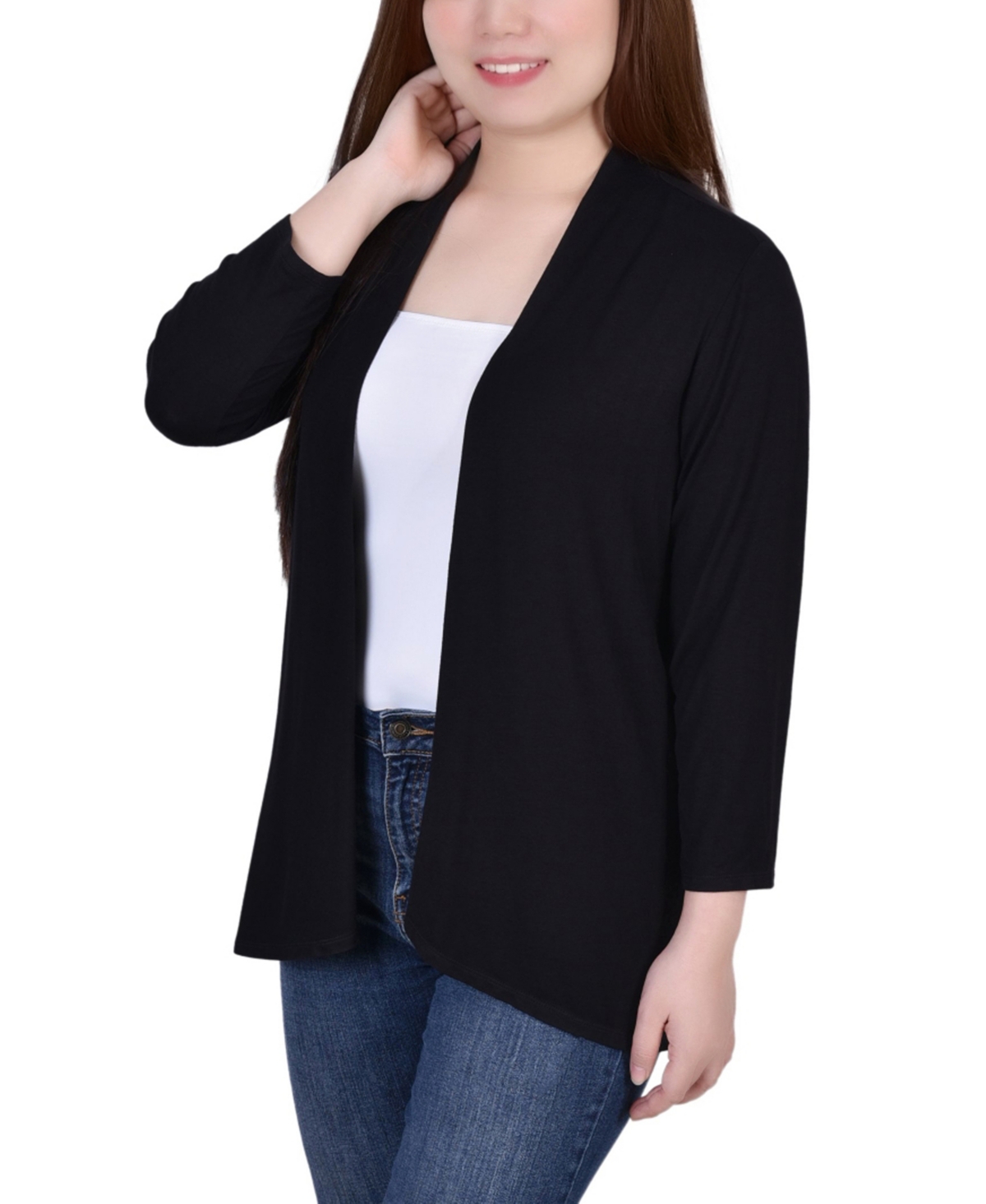 Ny Collection Petite 3/4 Sleeve Solid Cardigan Sweater In Black