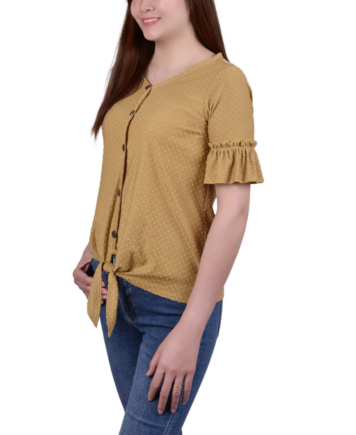 Ny Collection Petite Short Sleeve Tie Waist Swiss Dot Top In Gold