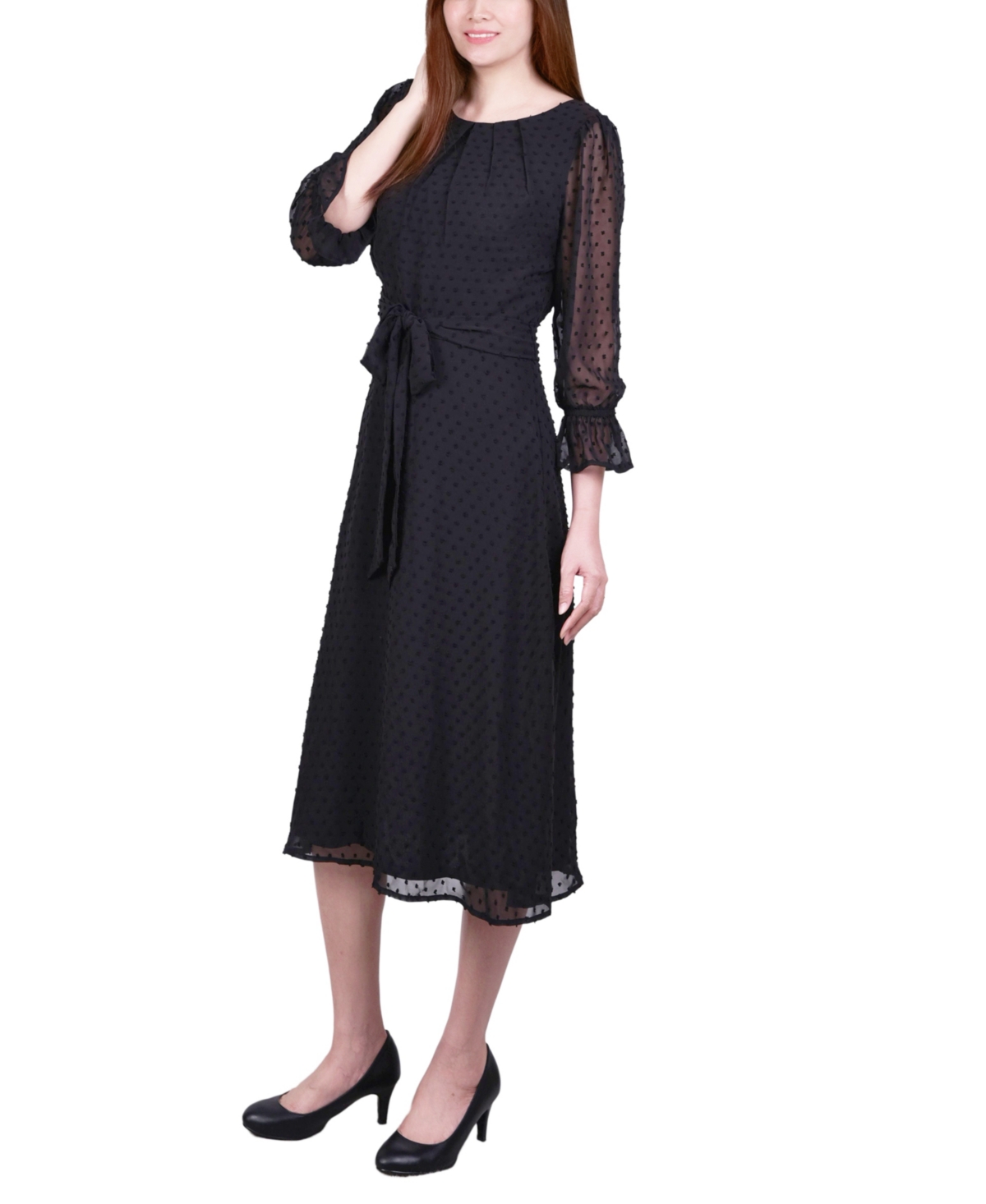 Ny Collection Petite 3/4 Sleeve Belted Swiss Dot Dress In Black