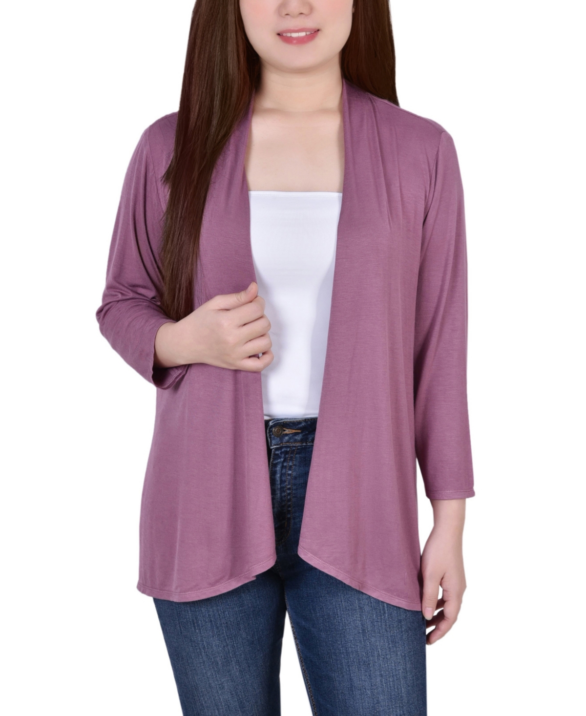 Ny Collection Petite 3/4 Sleeve Solid Cardigan Sweater In Purple
