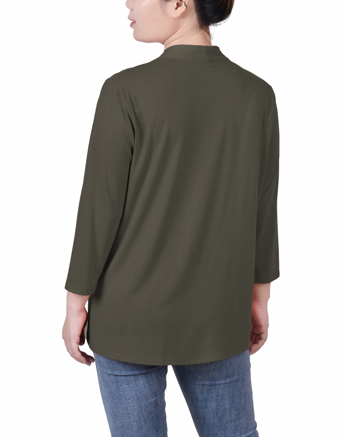 Ny Collection Petite Solid 3/4 Sleeve Cardigan Sweater In Green