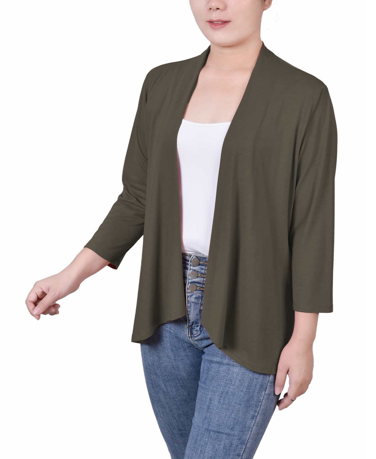 Ny Collection Petite Solid 3/4 Sleeve Cardigan Sweater In Green