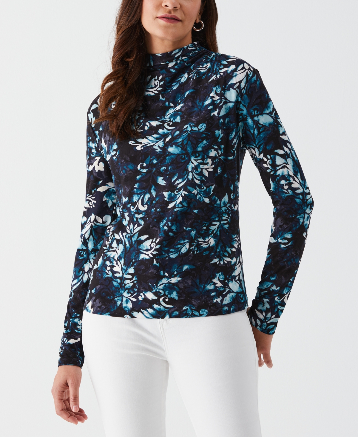 Ella Rafaella Women's Shadow Damask Print Ruched Mock Neck Long Sleeve Top In Blue